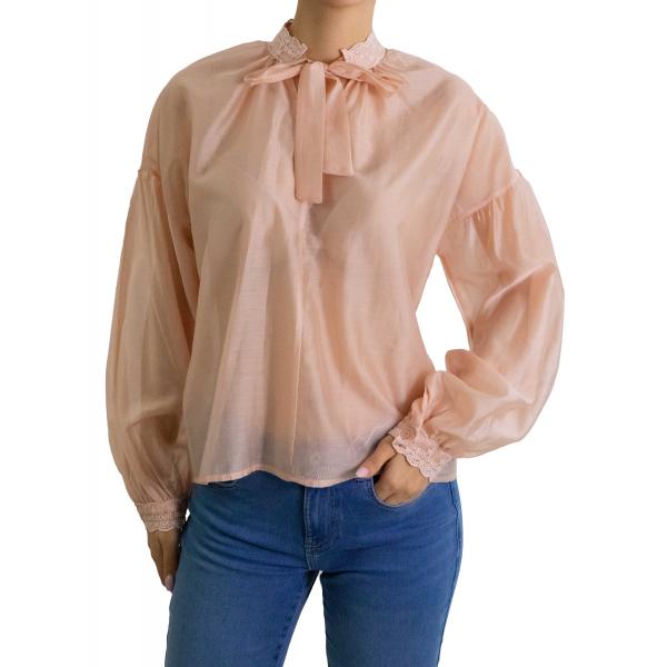 Camicia con collo alla coreana ricamato e laccio 